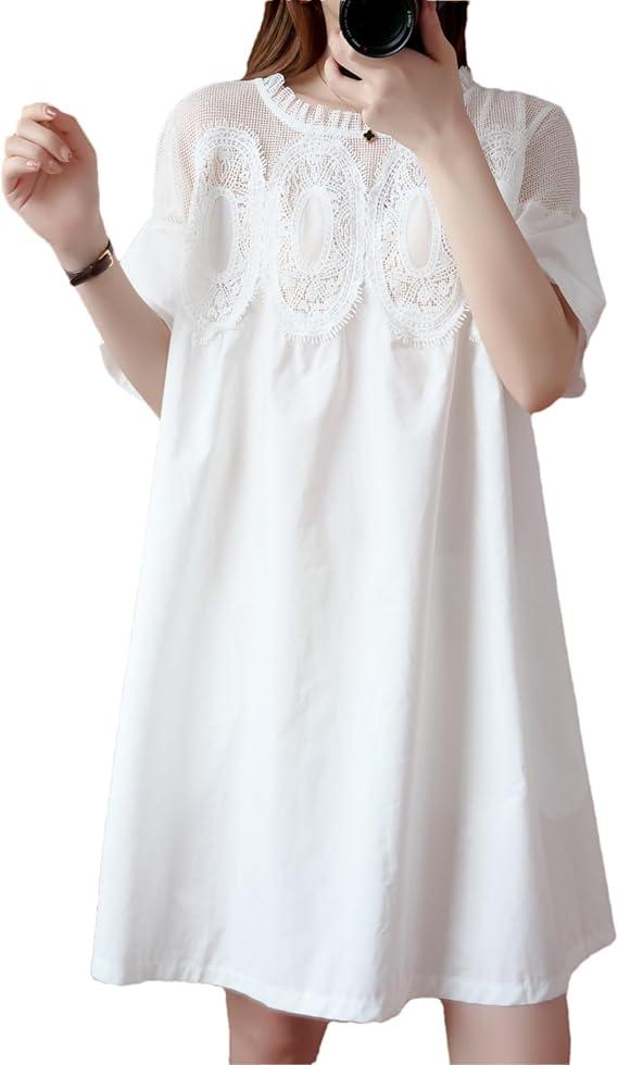 Womens Summer Lace Short Sleeve Round Neck Mini Babydoll Dress Loose Sheer Mesh Ruffle Short A-Line Dresses, L, White