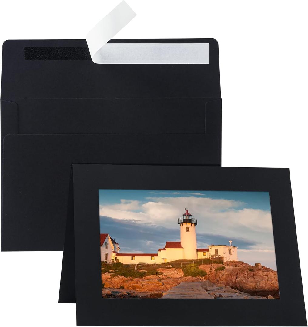 60 Packs Black Photo Frame Cards and Envelopes for 5 x 7 Picture, Paper Picture Frames with Self Seal Envelopes, Photo Card Holder for Classroom Birthday Christmas Wedding Postcards