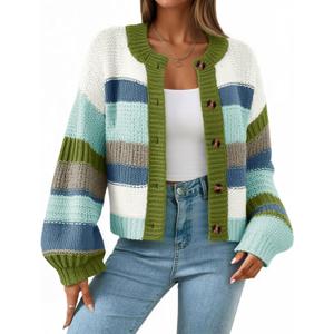 Saodimallsu Womens Striped Chunky Cardigan Sweaters Button Up Fall Trendy Color Block Long Sleeve Knit Sweater Coats (Large, Blue)