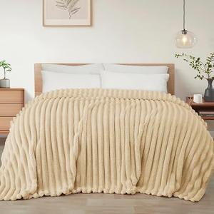 Exclusivo Mezcla California King Size Flannel Fleece Blanket, Super Soft Striped Jacquard Bed Oversized Blanket, Lightweight Fuzzy Cozy for All Seasons, 120x120 Inches, Beige