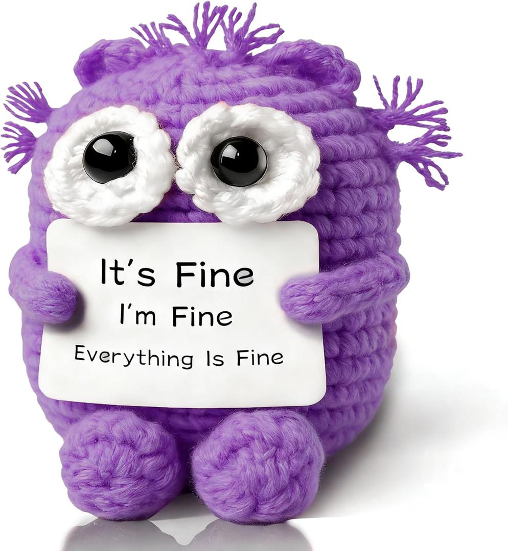 Funny Crochet Cat, Positive Emotional Support Cat Crochet Animals, Cheer Up Inspirational Birthday Gifts for Coworker Men Women Friends Employee, Office Accessories Desk Decor, Purple