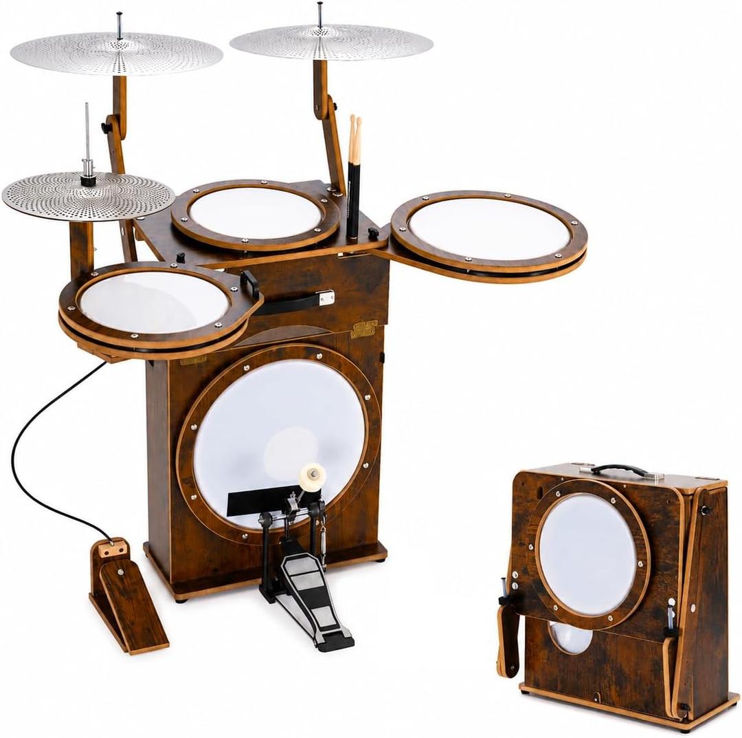 Portable Drum Set for Adults & Teens, Foldable All-in-One Practice Drum Kit with Bass Drum, Snare, Toms, Cymbals, Kick & Hi-Hat Pedals, Compact Drum Set for Home, Studio & Travel by Suttaya