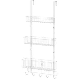 CADUKE Over The Door Organizer Hanger with Basket Hanger Door Towel Rack with 5 Hooks Back of Door Storage Organizer Behind Door Hooks Hanger Shelf for Bathroom, Kitchen, Office, White
