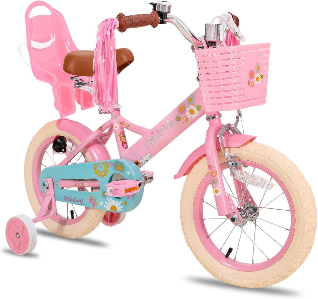 JOYSTAR Little Daisy 14 Inch Kids Bike for 3 4 5 Years Girls with Handbrake Children Princess Bicycle with Training Wheels Basket Streamer Toddler Cycle Bikes Pink