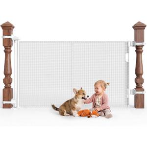 Reinforced Retractable Baby Gate for Stairs & Banister, 55" Wide Mesh Dog Gate, One-Handed Dual Lock Safety Gate for Kids & Pets, Fits Round & Square Posts (White)