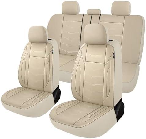 CAROMOP Premium Leather Car Seat Covers Full Set, Waterproof Split Bench Covers for Cars, Universal Car Interior Covers Seat Protectors for Sedans SUVs Pick-up Trucks(Beige)
