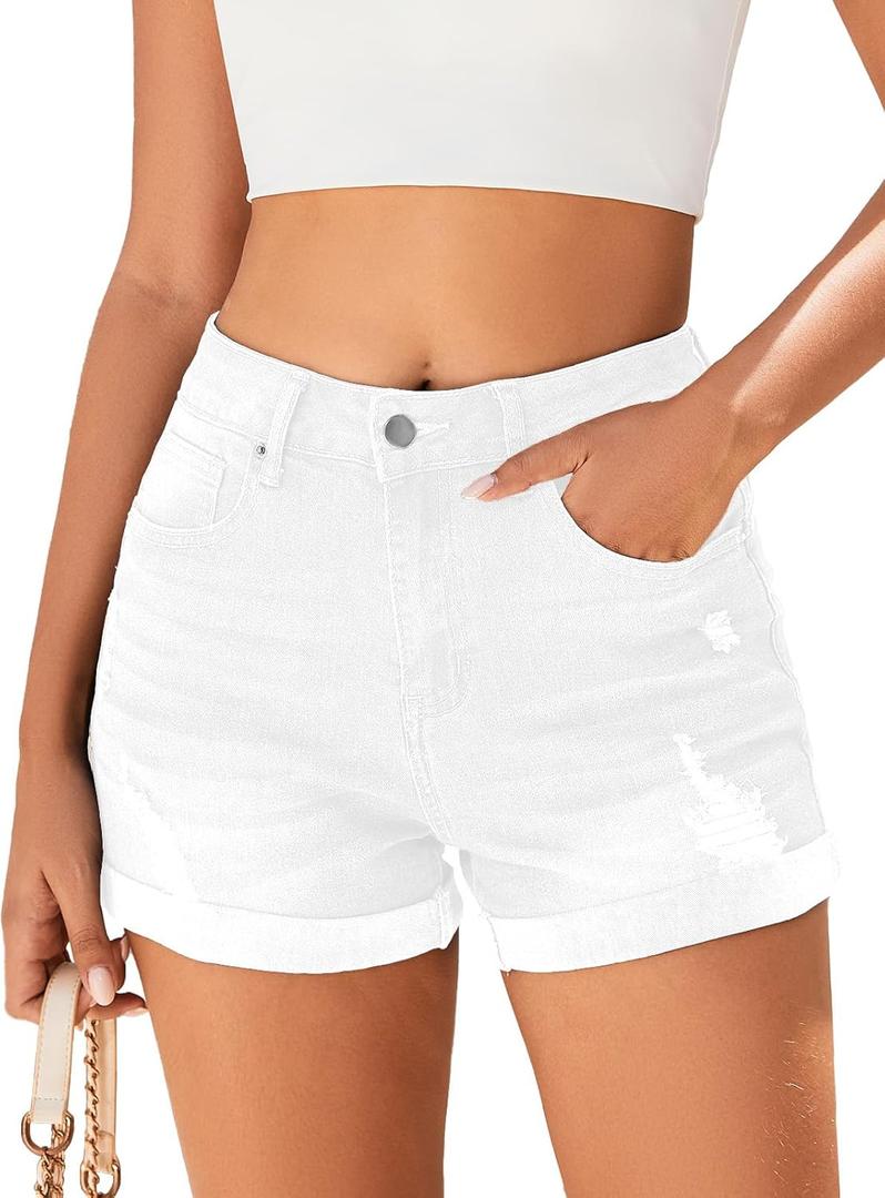 Women's Mid-High Rise Ripped Denim Shorts Stretchy Distressed Jean Shorts with Pockets Folded Hem Casual Summer Jorts (X-Large, White)