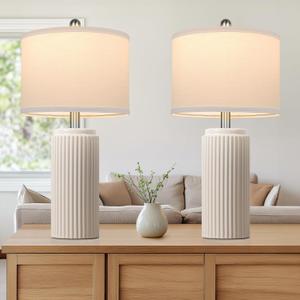 TOBUSA 23.5 Modern Ceramic Table Lamps Set of 2 for Living Room, Farmhouse Vintage Bedside Table Lamps with White Linen Shade, Rustic Bedroom Ceramic Lamps for Nightstand Home Office End Table Dorm (Cream)