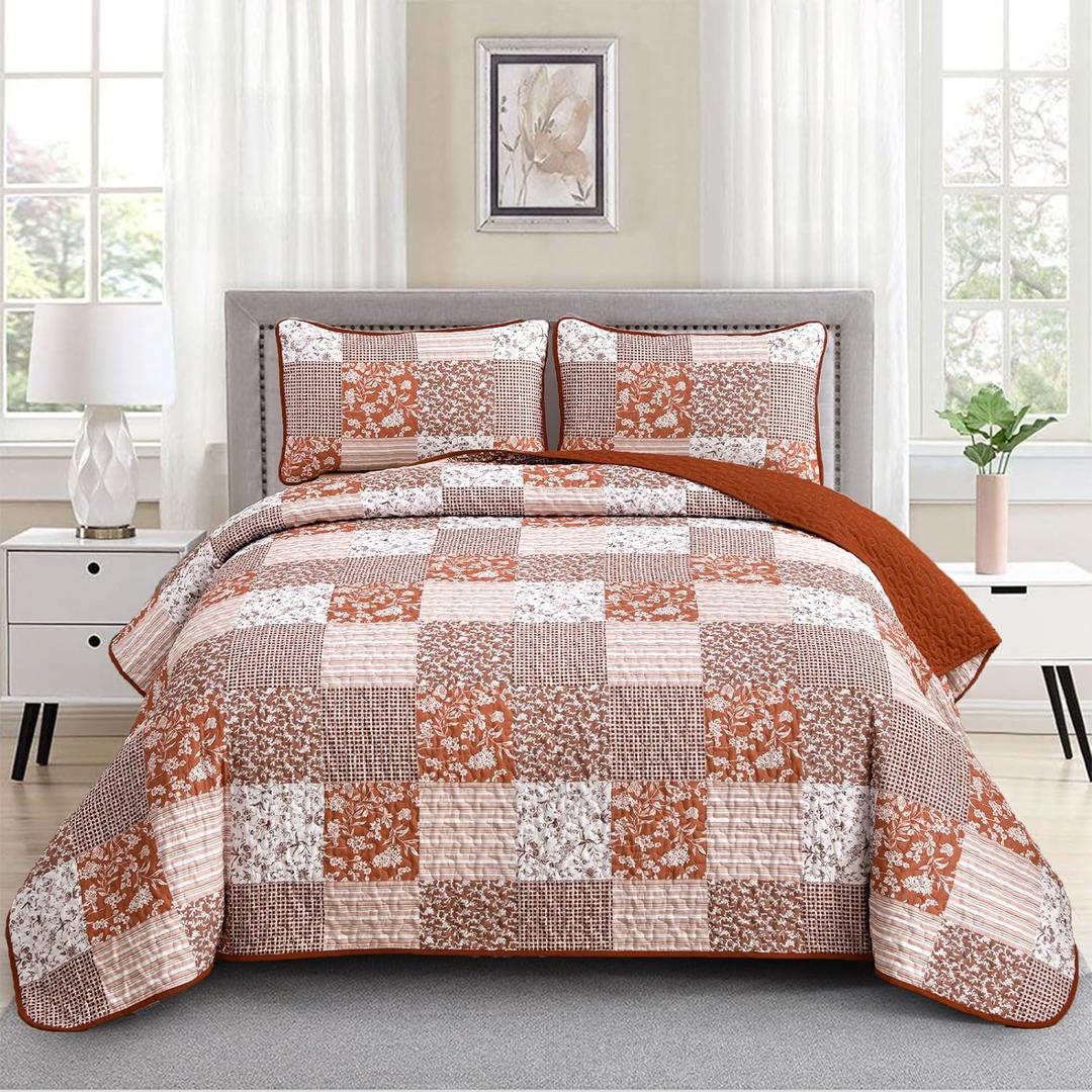 Mybedsoul Burnt Orange Quilt Set King Size, 3 Pieces Boho Plaid Terracotta Floral Bedspread Set Microfiber Lightweight Bohemian Bedding Bedspread Coverlet Set for All Season 90"x104"