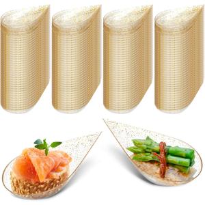 Tessco 200 Pcs 4" Tear Drop Appetizer Spoons Mini Appetizer Plates Reusable Tasting Spoons Plates Catering Supplies Disposable for Serving Small Desserts Cakes Bowls(Clear with Gold Glitter)