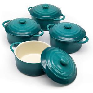 Kook Ceramic Mini Cocotte Set, Small Casserole Dishes with Lids and Handles, Individual Baking Ramekins, Oven, Microwave & Dishwasher Safe, Stoneware, 12 oz, Set of 4, Aqua Ombre (Aqua Ombre)