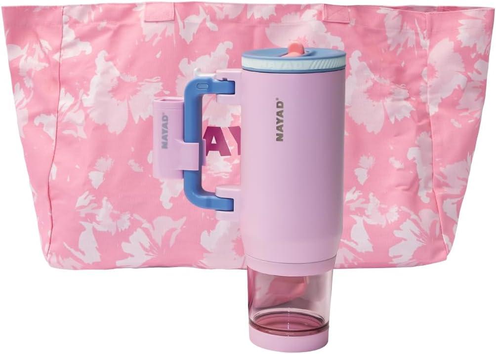 Insulated Tumbler with Foldable Handle & Detachable Snack Box - 23oz Stainless Steel Travel Mug with Straw Lid,Leak-Proof Design for Travel,Gym.Bonus for mom tote bag and lipstick holder as gifts (pink)