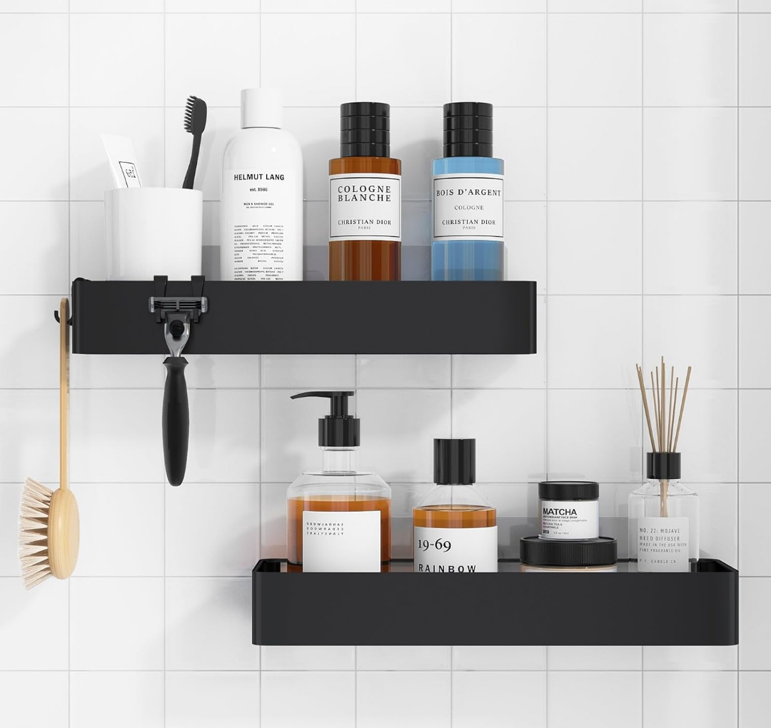 Kitsure X-Large Shower Caddy - 2 Pack Adhesive Shower Organizer, Rustproof Stainless Steel Shelves, No-Drill Bathroom Organizers and Storage, Black