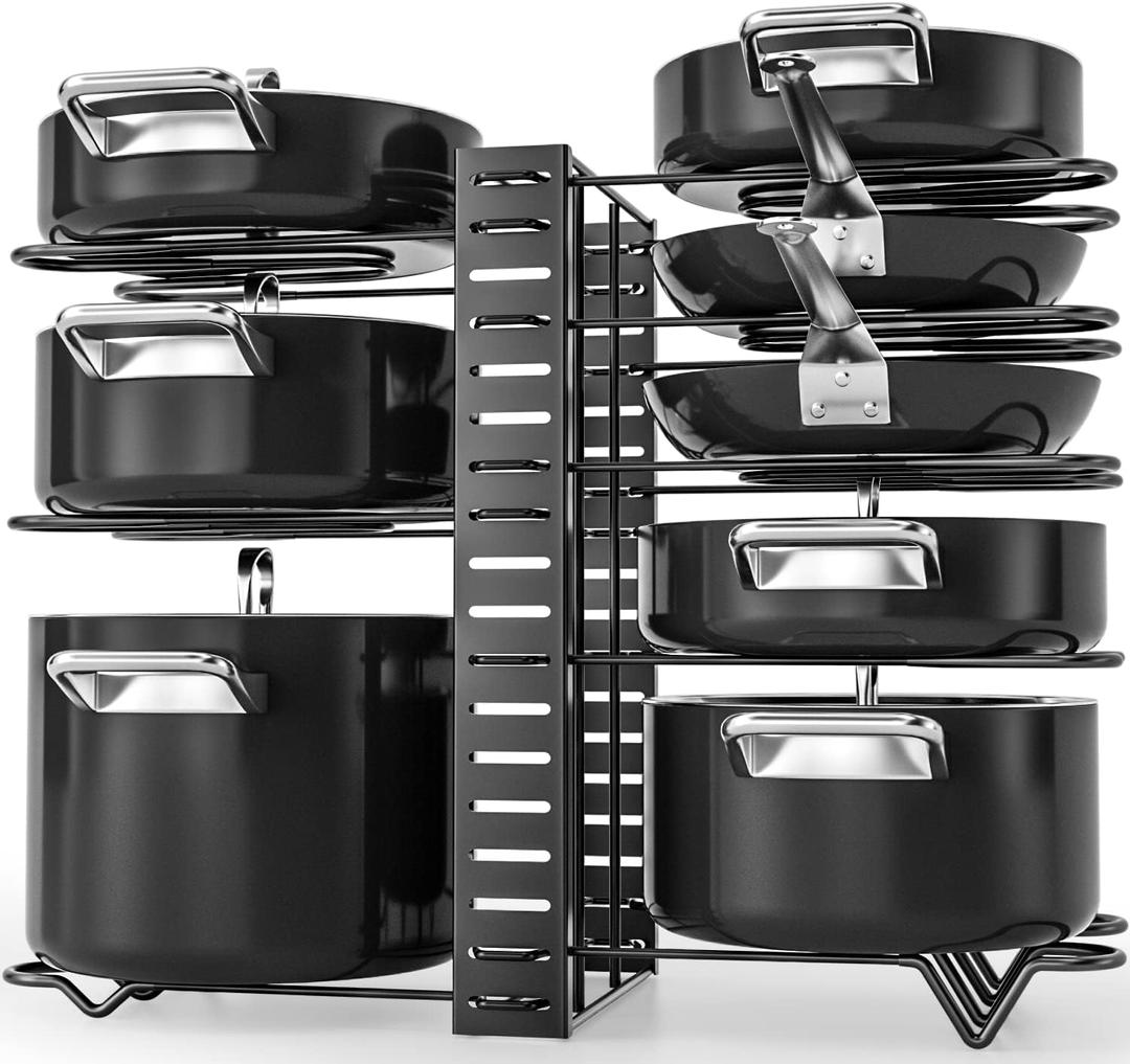 G-TING Pot Rack Organizers, 8 Tiers Pots and Pans Organizer for Kitchen Organization & Storage, Adjustable Pot Lid Holders & Pan Rack for Kitchen, Lid Organizer for Pots and Pans With 3 DIY Methods (Black)