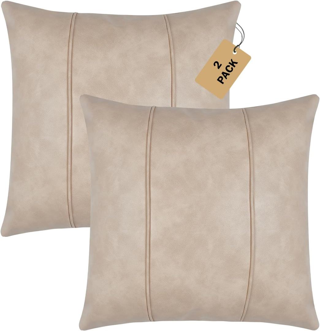 Faux Leather Decorative Throw Pillow Covers 18x18 Inch Set of 2 Modern Solid Design Luxury Cushion Cases for Couch Sofa Bed Durable Soft Easy to Clean, Beige