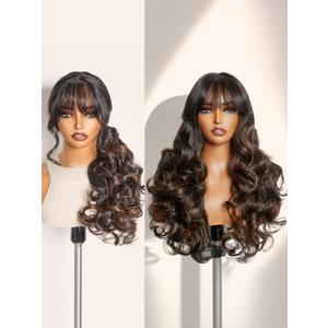 GORGIUS Glueless Wavy Wig with Bangs Highlight Brown Synthetic Curtain Bang Wig with Realistic Scalp 22 Inch (#2B30 Brown HighlightsBody Wave)