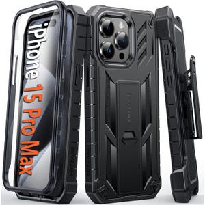 FNTCASE for iPhone 15-Pro-Max Phone Case 6.7", Built-in Screen Protector & Kickstand & Belt-Clip Heavy Duty Military Grade Shockproof Protection Rugged Case - Black