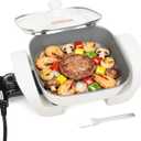 SugarWhisk 8-inch Ceramic Coated Electric Skillet with Lid, Non Stick Skillet Griddle Pan Electric, Rapid Heat Up, 650W, Breakfast Skillet, Kitchen Appliances for Cooking, White