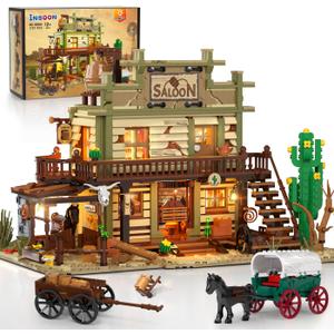 Western Saloon Building Set with LED Light, Wild West Building Block Toy 1727 PCS, Old West Construction Model with Horse Stable Carriage Cowboy Hat, House Building Kit for Adults Teens 12+ Western Saloon Building Set with LED Light, Wild West Building Block Toy 1727 PCS, Old West Construction Model with Horse Stable Carriage Cowboy Hat, House Building Kit for Adults Teens 12+