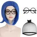 BESTBEL+Glasses+Hair Cap Short Blue Wig for Women Short Bob Wig Blue Anime Synthetic Hair for Halloween Cosplay Womens Cosplay Outfit for Costume Party
