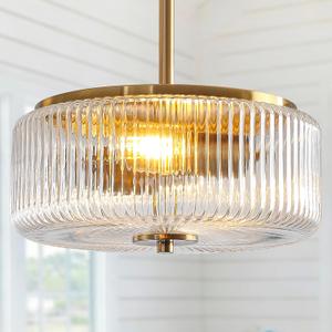 Glass Drum Gold Chandelier, Modern Pendant Light Fixtures with Clear Round Glass Shade, Drum Chandeliers for Dining Room, Kitchen Island, Foyer, Entryway, 11.41" 2-Light