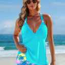 ROSEWE Womens Tankini Bathing Suits, Two-Piece Smocked Swim Dress, Print Swimsuits with Board Shorts (Blue, XL)