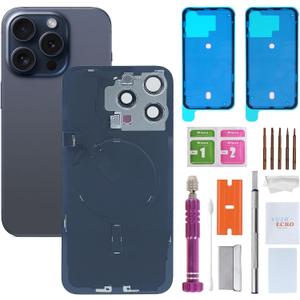 Back Glass Replacement for iPhone 15 Pro Max(6.7 inches,Blue Titanium) Integrated Glass & Wireless Charging Repair Tools are Included