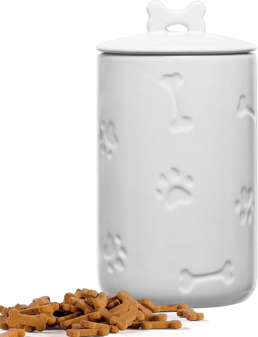 Dog Treat Container Airtight - 9"x5" Large Ceramic Dog Treat Jar for Kitchen Counter, White Dog Cookie Jar with Lid - Farmhouse Style Dog Food Storage Container for Dogs, Cats, Pets