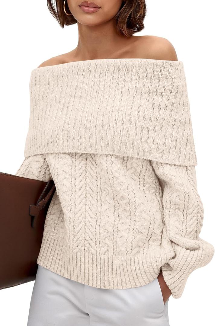 MASCOMODA Womens Sweaters Off The Shoulder Long Sleeve Cable Knit Sweater Loose Chunky Pullover Dressy Work Tops Fall Fashion (Beige)size 120