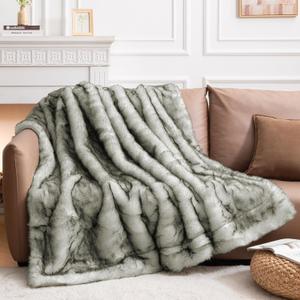 HOMFINE Luxury Faux Fur Blanket - Super Thick Warm Long Fluff Fuzzy Throw Blanket for Bed, Sofa, Couch, Home Decor with Soft Cozy Plush Velvet Back, 60"x80", Off-White with Grey