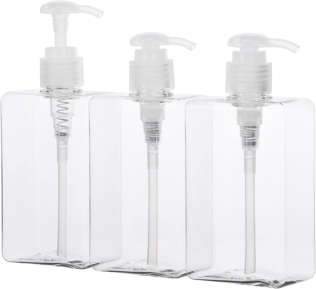 Suream Refillable Shampoo and Conditioner Bottles, 9.5oz/280ml Clear Plastic Pump Dispensers for Shower, Square Empty Bathroom Bottle for Body Wash, Essential Oil, Soap Liquid, Lotion, 3Pack