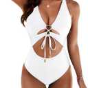 Blooming Jelly Womens Sexy One Piece Swimsuit Cut Out Slimming Bathing Suit V Neck Crisscross Back Swimwear (White) XL