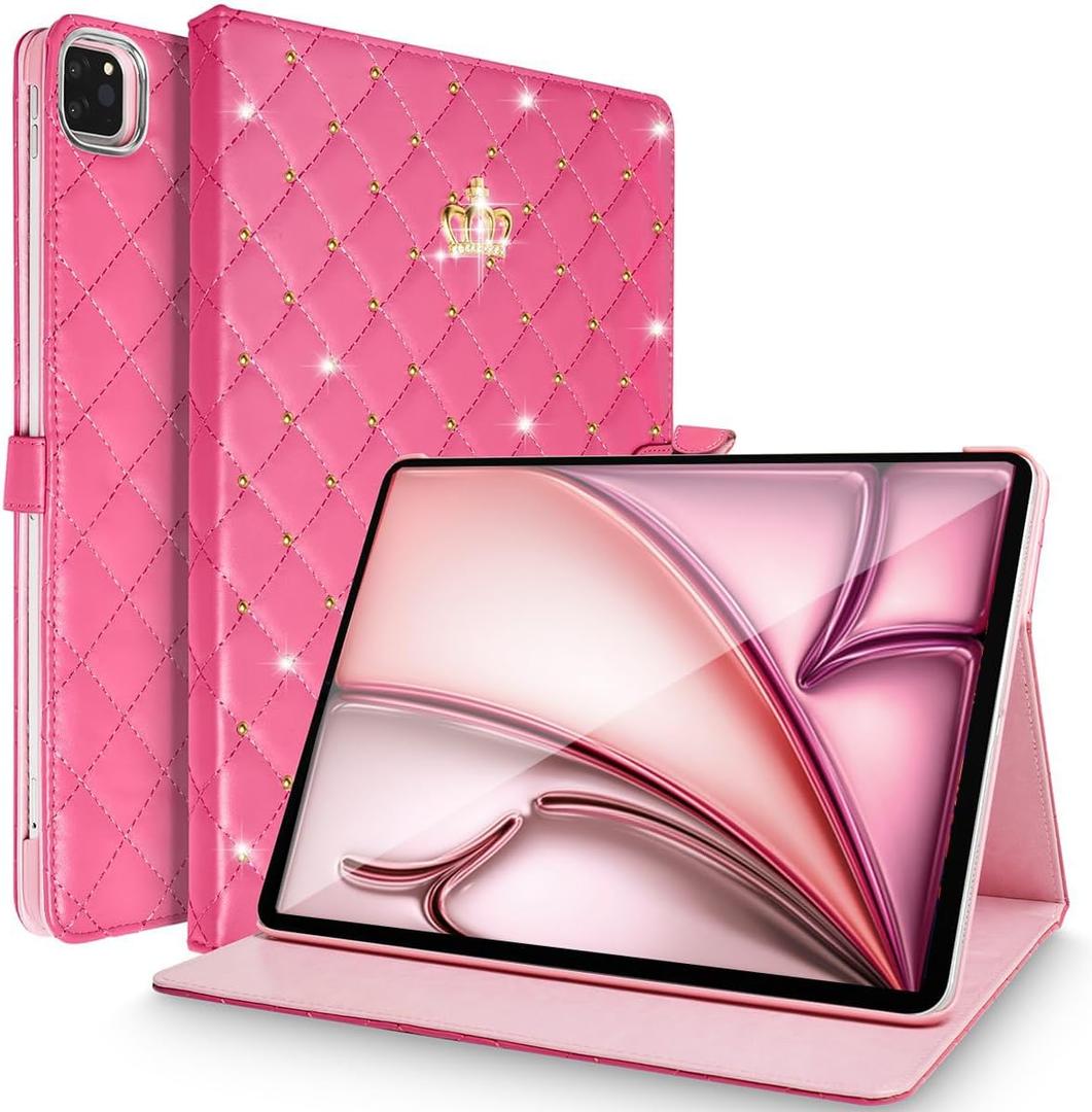 Changjia for iPad Air 11Inch Case M4 (2025)/M3 (2025)/M2 (2024),iPad Air 5th/4th Gen 2022/2020 10.9-Inch, Girly Cute Crown Diamond Elegant PU Leather Smart Auto Sleep/Wake Stand Protective Case, Hot Pink (Rose Red)