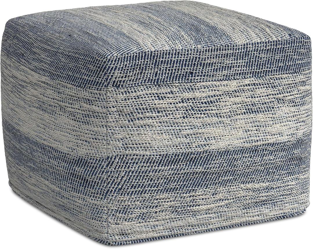 SIMPLIHOME Clay Square Pouf - 18 inch Wide Upholstered Cotton Ottoman in Patterened Teal Melange, Boho Footstool, Decorative Cube Pouf or Extra Seating for Living Room or Bedroom, Assembled, 18"D x 18"W x 14"H