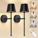 Kimjo Battery Operated Wall Sconce Set of 2, Rechargeable Wireless Wall Sconces Light with Dimmable Timer Remote, 5200mAh Black Cordless Wall Light for Bedroom Living Room Hallway Decor