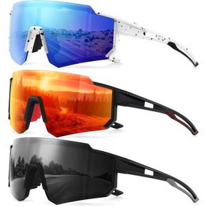 Polarized Sport Sunglasses for Men and Women, Lightweight TR90 Sun Glasses with UV Protection for Cycling Running (A1 Black/Ice Blue/Orange)