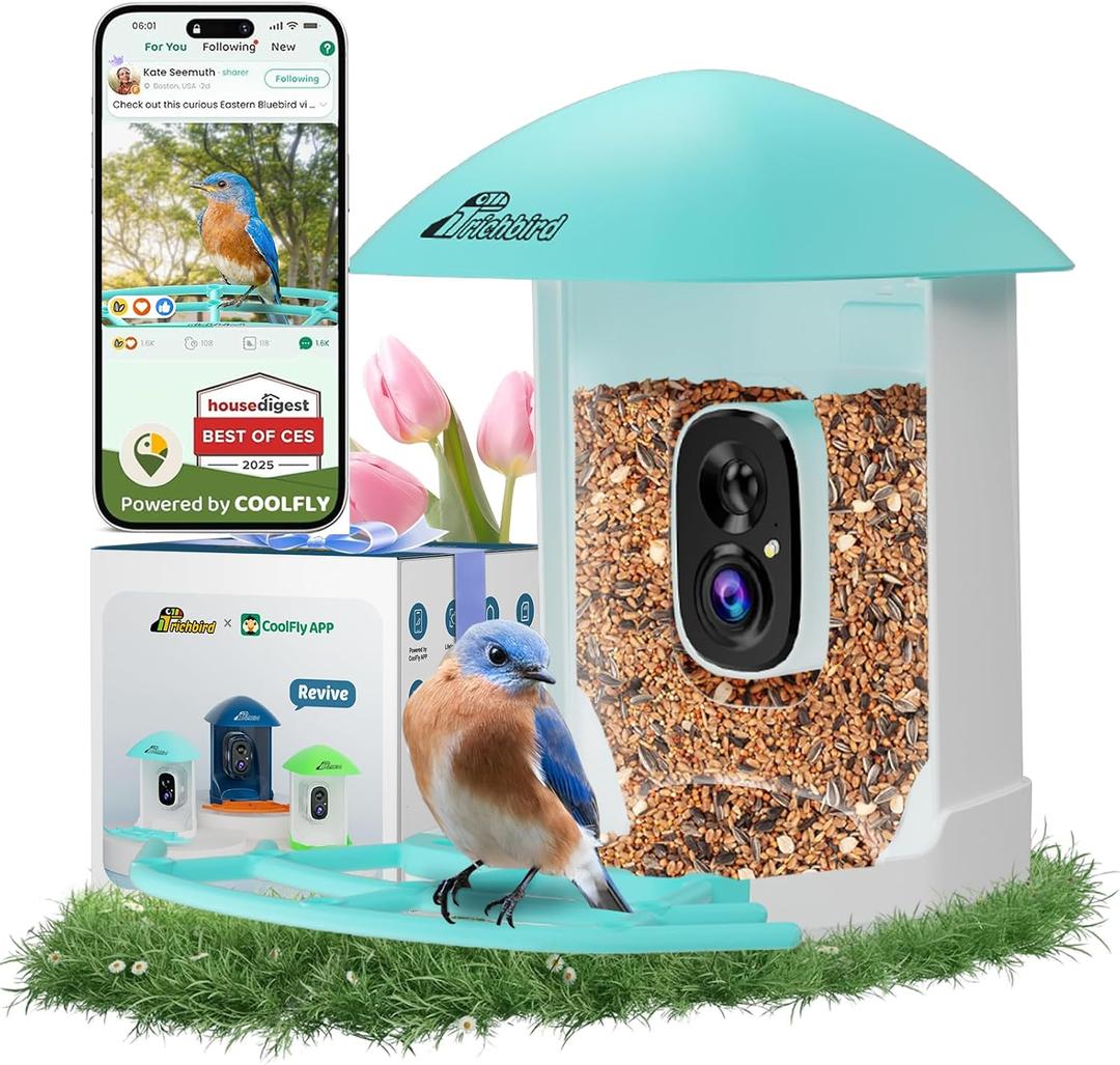 Smart Bird Feeder with Camera Solar Powered, Auto Record 2K HD Videos | AI Bird Identification & Instant Alerts, Birdwatching Live, Outdoor Birdhouse with Cam, for Mom/Dad/Birdlovers, Light Blue