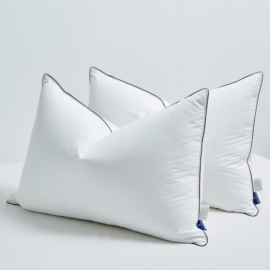 Goose Down Pillows Queen Size Set of 2, 3-Chamber Cervical Neck Support Down Feather Pillow 100% Soft Cotton Cover Luxury Hotel Bed Goose Feather Pillows (Queen (Pack of 2))