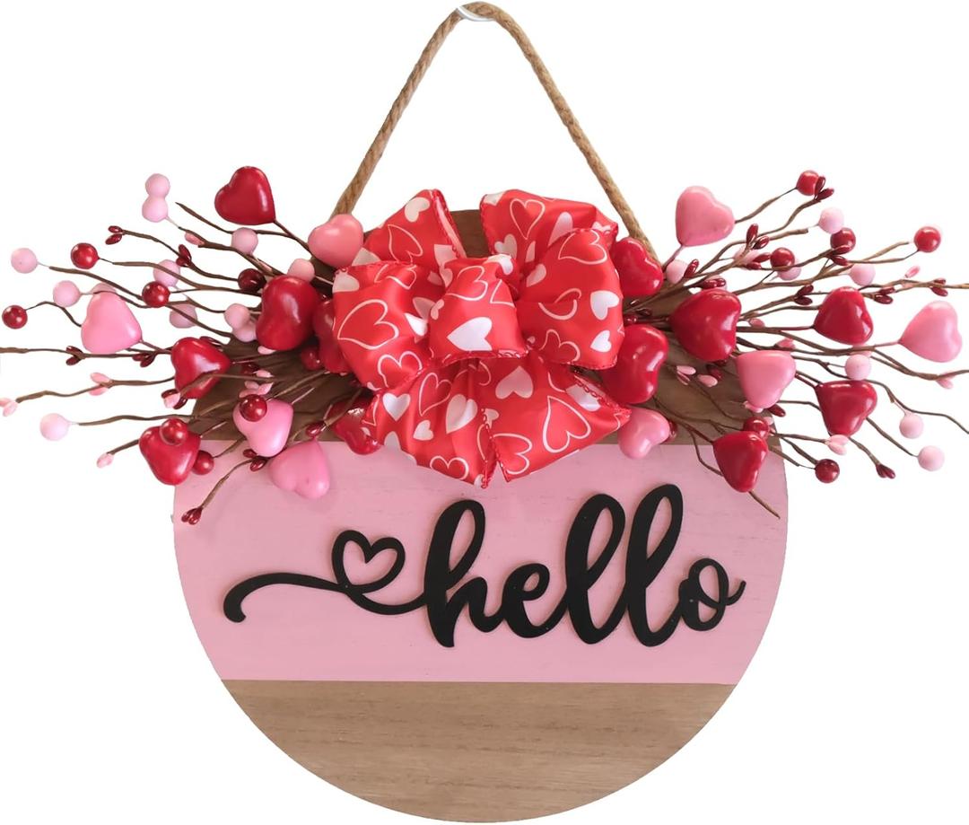 Valentine's Day Wooden Wreaths Sign with Artificial Berry Decoration, Hearts and Buffalo Bow Farmhouse Entrance Outdoor Art Wall Decor