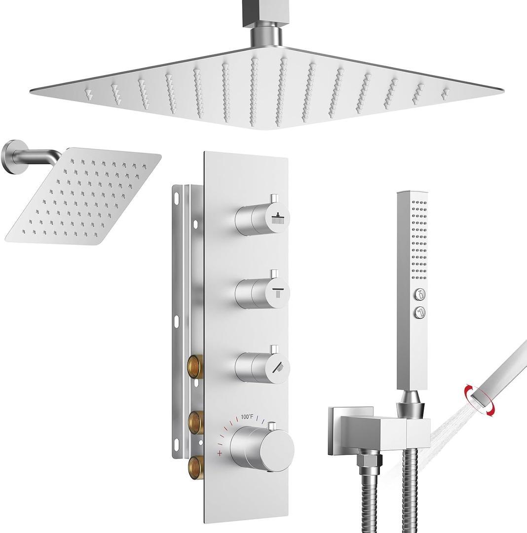 Shower Faucet Set,Thermostatic Shower System,16 Inch Ceiling Mounted and 6 Inch Wall Mount Rain Shower Head with 2 in 1 Handhled,High Pressure Dual Shower Head Combo Set Brushed Nickel
