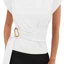 PRETTYGARDEN Women Blouses Spring Dressy Cap Sleeve Mock Neck Work Shirts Buckle Tunic Summer Business Casual Tops 2026(White,Small)
