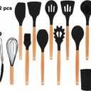 Silicone Kitchen Tool Set, 12 Pieces, Spoons, Spatulas, Tongs (Black), 12pcs