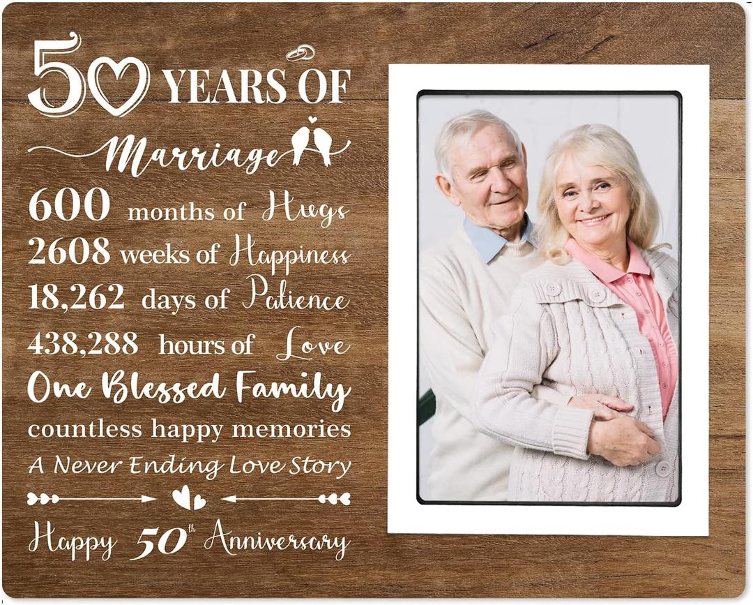 BeneCharm 50th Anniversary Picture Frame - 50 Year Anniversary Wedding Gifts for Parents Couple, Happy 50th Anniversary Decoration - Golden 50 Years of Marriage Fits 4"x6"