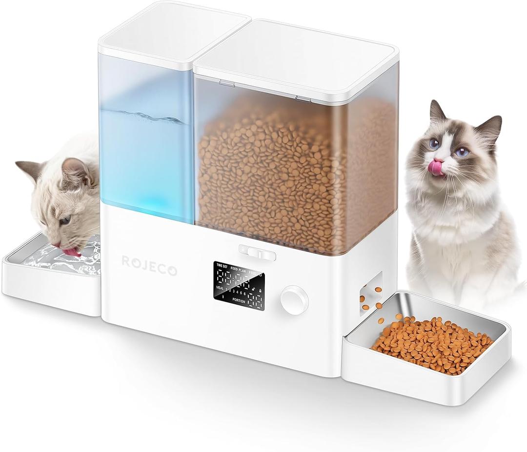 Rojeco 36Cups/8.5L Pet Automatic Cat Feeder and Gravity Water Dispenser,Stainless Steel Bowls 2-in-1 Set Large Capacity 5L Food Feeder and 3.5L Water Fountain for Cats,Pets,Small Dogs,Puppies,Kittens (White)