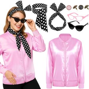 VLUV Pink Halloween Costumes Set, Women's Halloween Retro Satin Jacket Set with Scarf Headbands Glasses Accessories