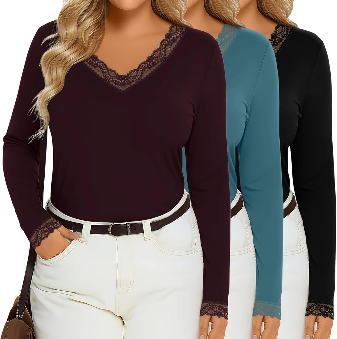 3 Pack Women's Plus Size Long Sleeve T-Shirts, Lace V Neck Loose Fit Tops Casual Fall Shirts Basic tee for Leggings (XXL)