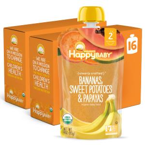 Happy Baby Organics Clearly Crafted Stage 2 Baby Food, Bananas, Sweet Potatoes & Papayas, 4 Ounce Pouch (Pack of 16) packaging may vary