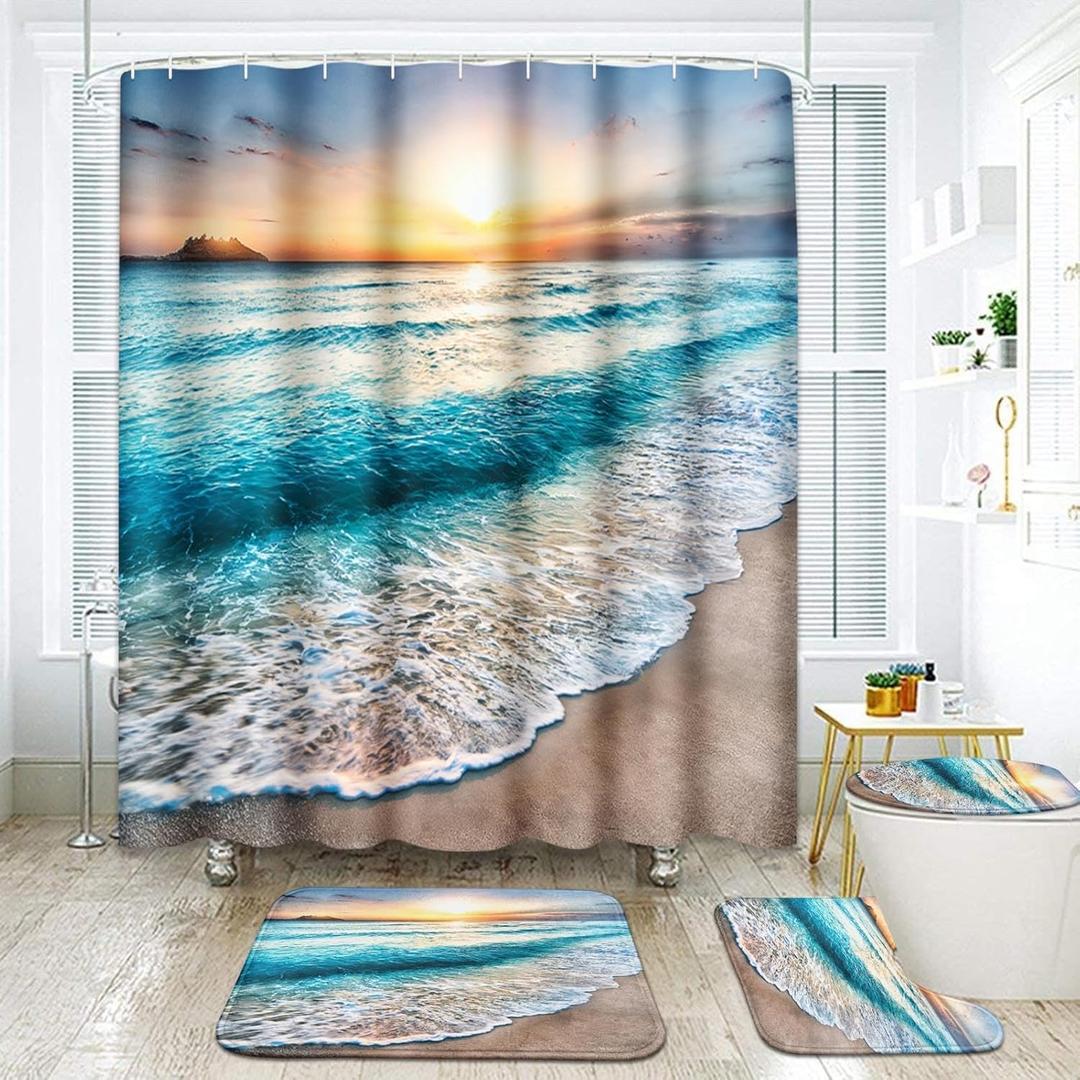 ArtSocket 4 Pcs Shower Curtain Set Beautiful Sunrise Over Sea Beach Sunny Sunset Marine Natural with Non-Slip Rugs Toilet Lid Cover and Bath Mat Bathroom Decor Set 72" x 72"