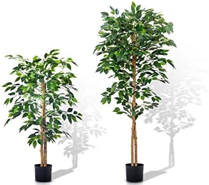 Aphighjoy Faux Plants Artificial Ficus Trees Eucalyptus Trees with Silk Leaves Fake Moss and Sturdy Nursery Pot, Fake Plants for Office Home Decor (4Ft&5Ft - 2Packs, Upgraded Ficus Tree)