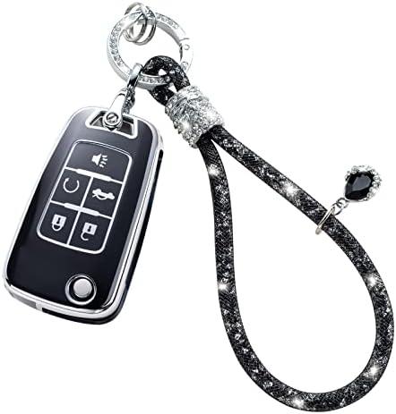 COXTOBRH for Chevy Key Fob Cover with Crystal Car Keychain, Key Case Protection for Chevrolet Buick Encore Regal Camaro Cruze Equinox Impala Malibu Sonic Spark SS GMC, Black set of 2